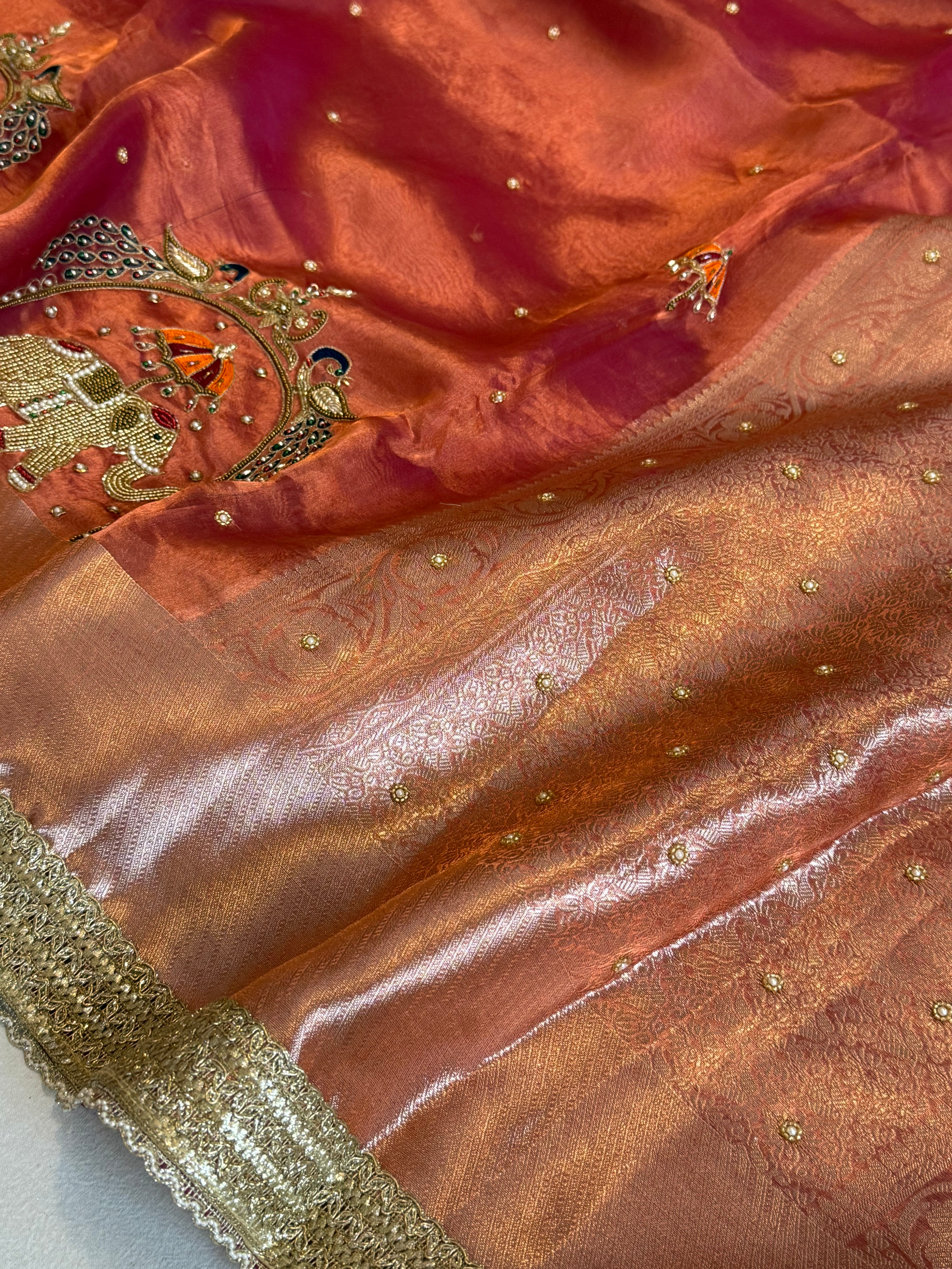 Hathi , ghoda aur palki wali saree - Husn tissue silk hand embroidered saree